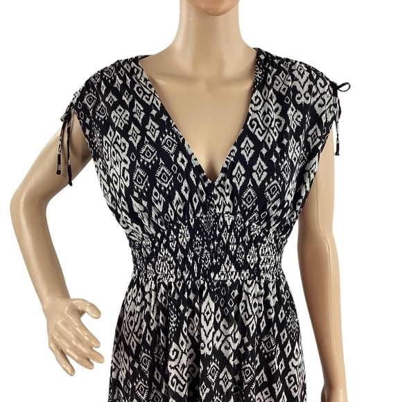 Old Navy Black White Print Tie Shoulder Smocked Mini Dress S - Picture 2 of 7